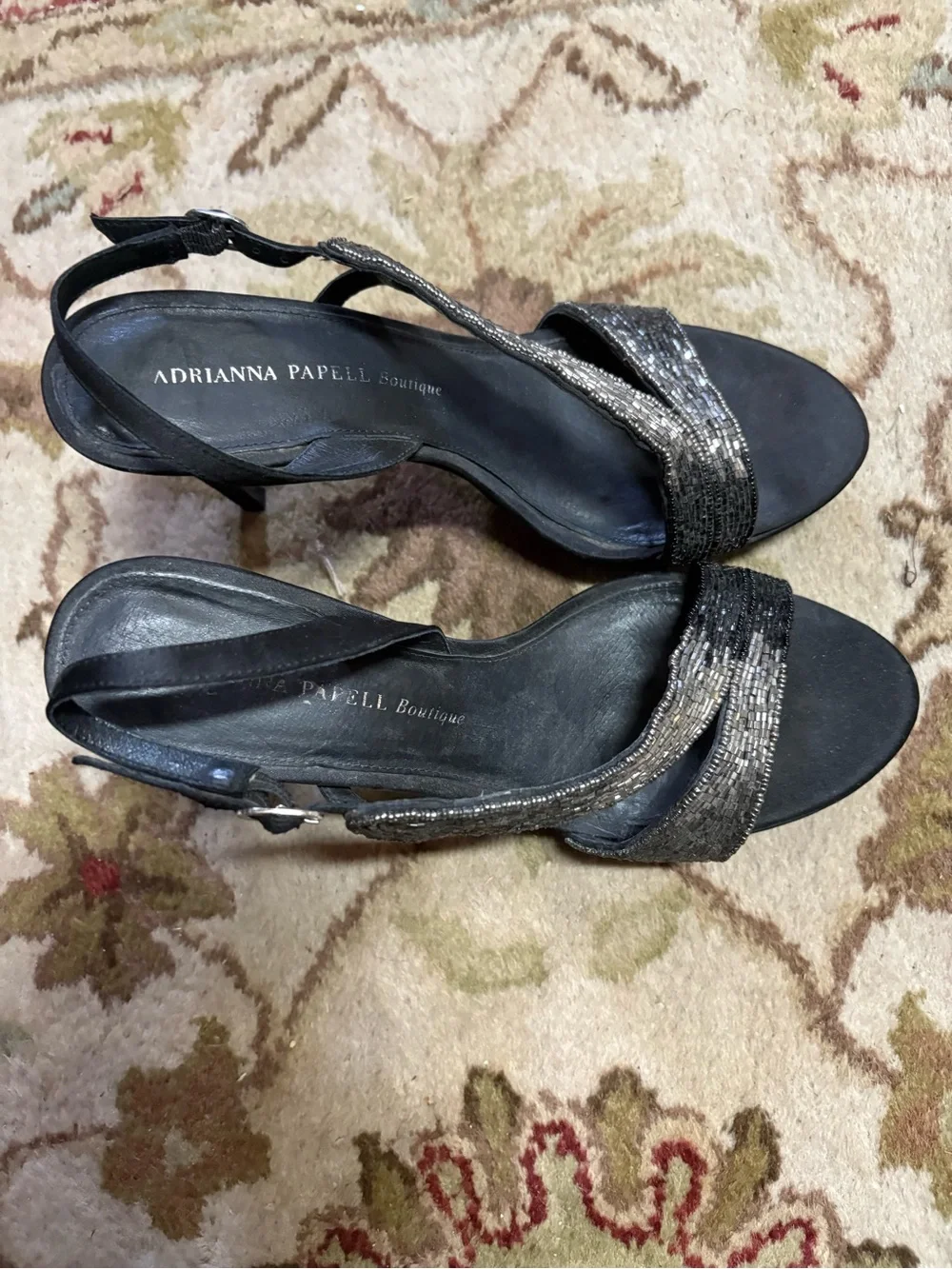 Papell Boutique Black and Silver Beaded Slingback Heels